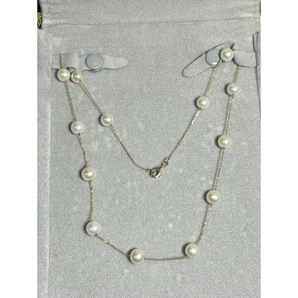 Shane Jewelry 14k solid yellow gold white pearl station chain necklace 18” 8.54g